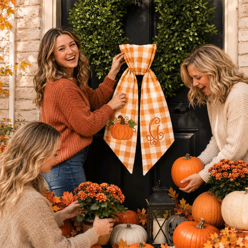 Personalized Pumpkin Wreath Sash - Fall Monogram Gingham Door Bow