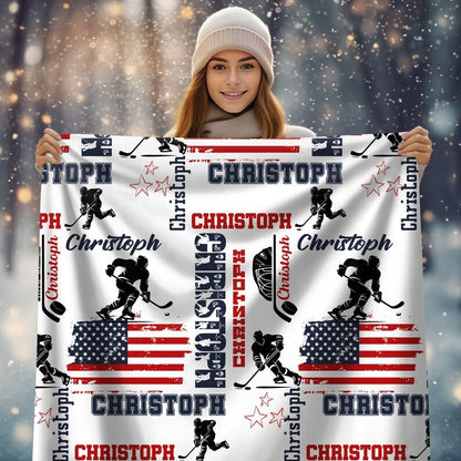 Personalized Hockey Boy US Flag Blanket Custom Name Patriotic Hockey Throw