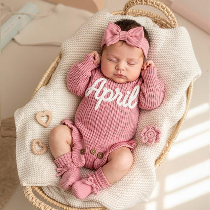 Hand Embroidered Name Baby Romper Set,Personalized Outfit