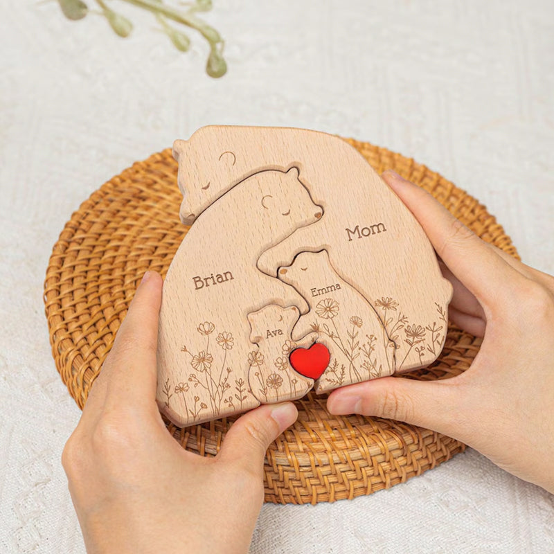 Hugging Bear Family Floral Version, Personalized Wooden Bear Family Puzzle