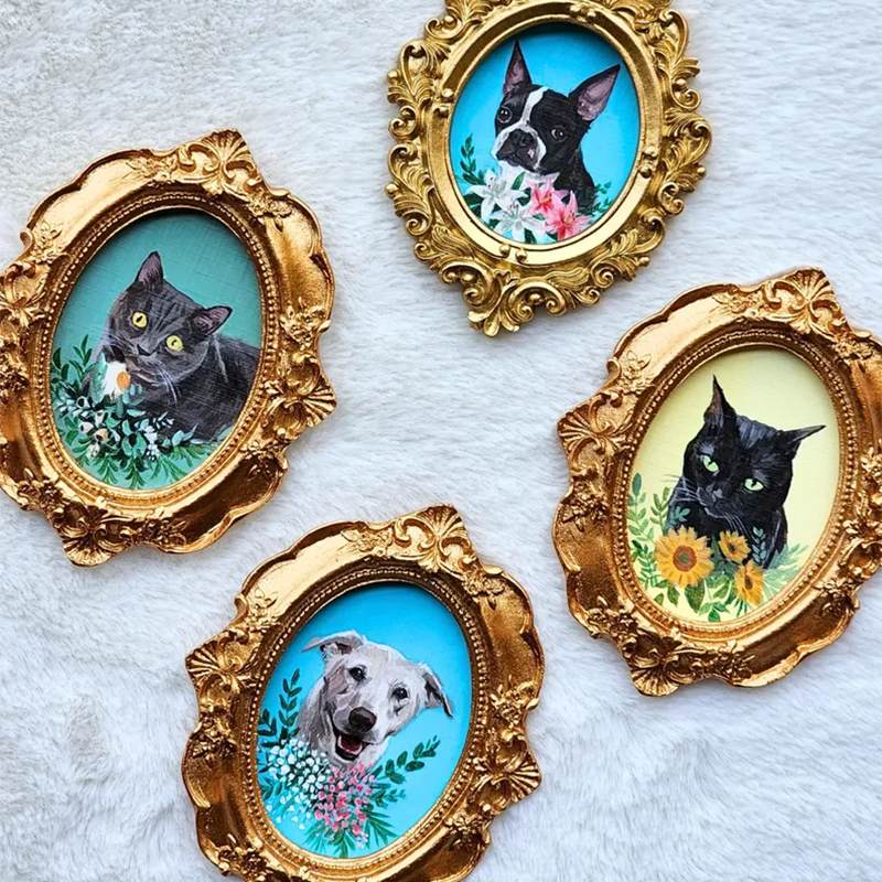 Acrylic Pet Portrait, Custom Dog Cat Painting with floral theme
