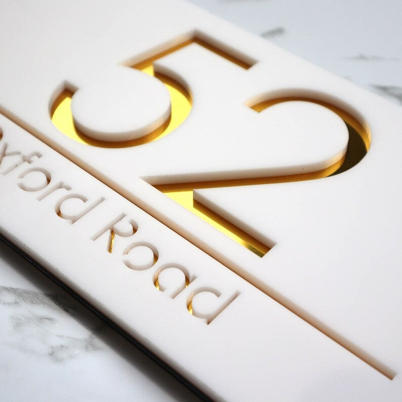 Laser Cut Matt Black & Gold Mirror Floating House Sign Door Address Laser Number Plaques