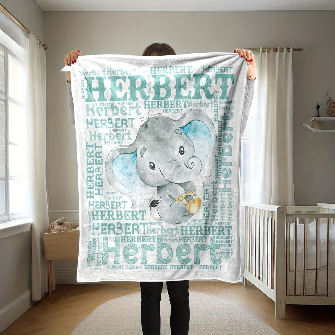 Adorable Smiling Little Elephant Green Full Screen Text Cute Cartoon Creative Name Blanket