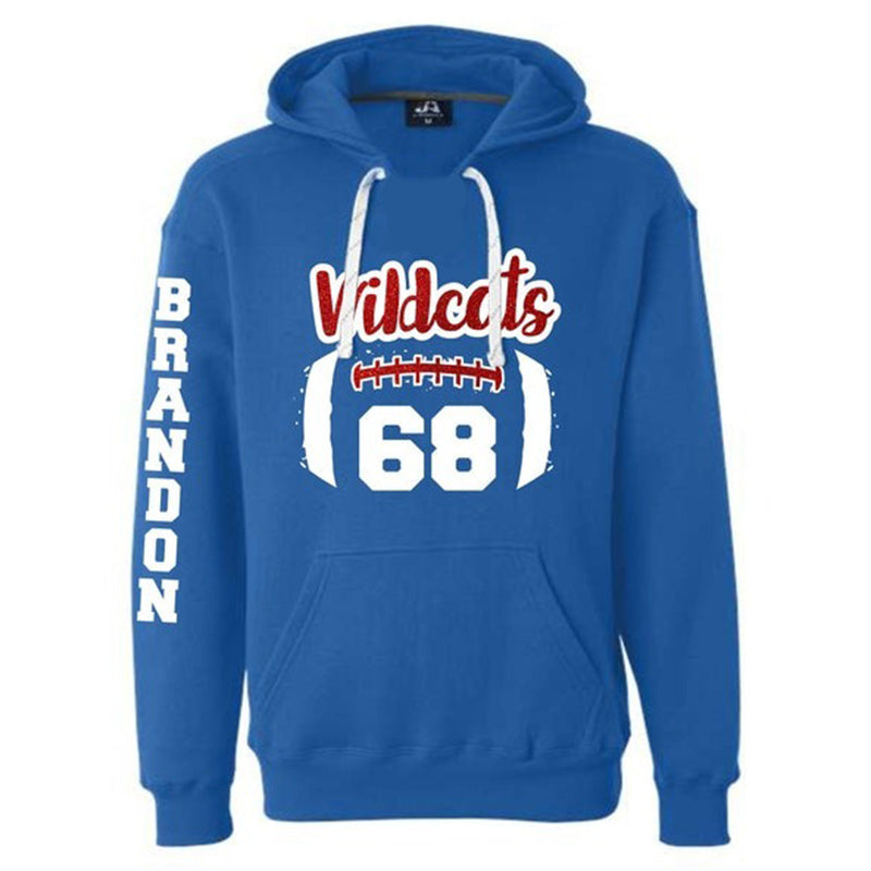 Football Hoodie with lace up front and football laces with name in glitte