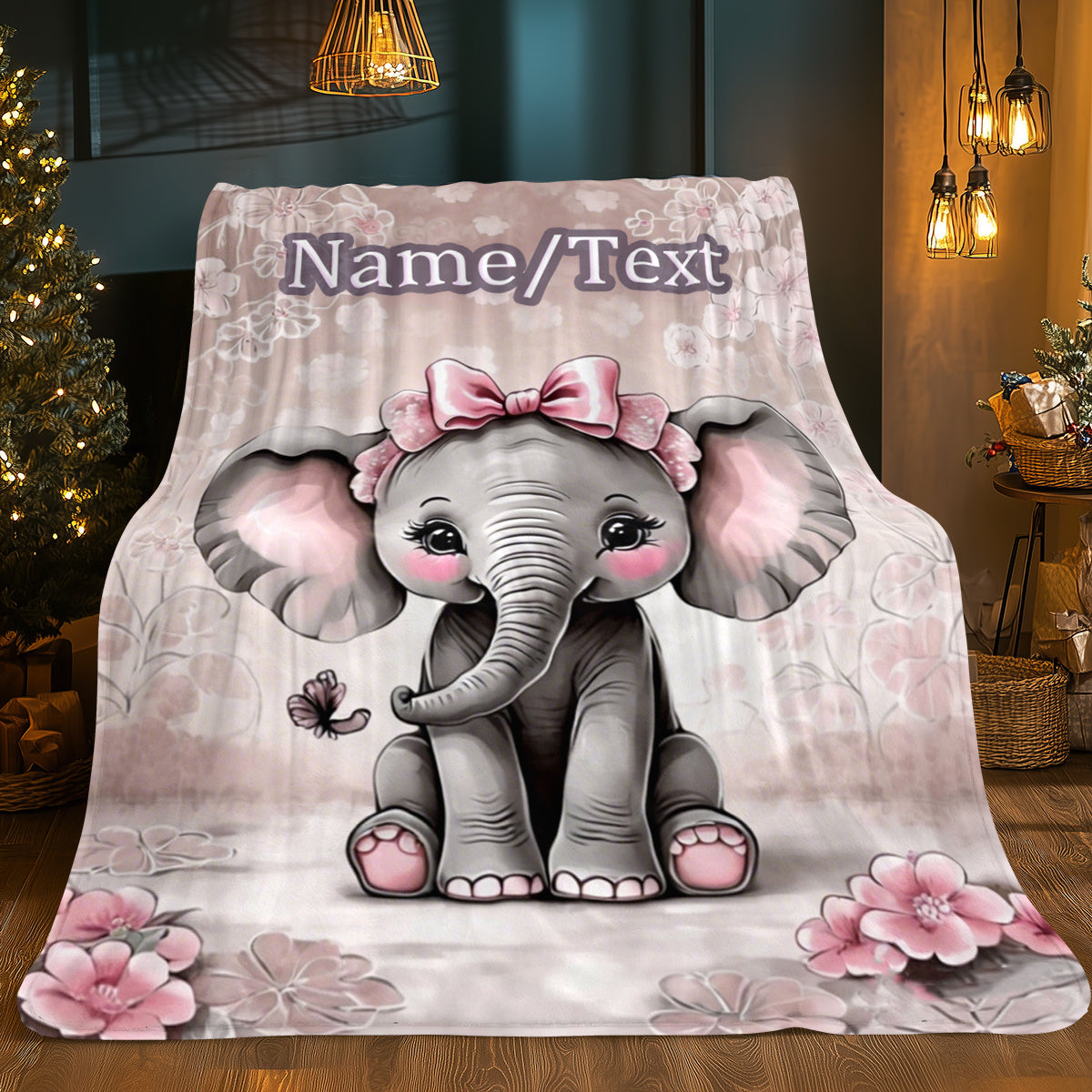 Custom 1pc Custom Name, Cute Elephant Pattern HD Print Blanket