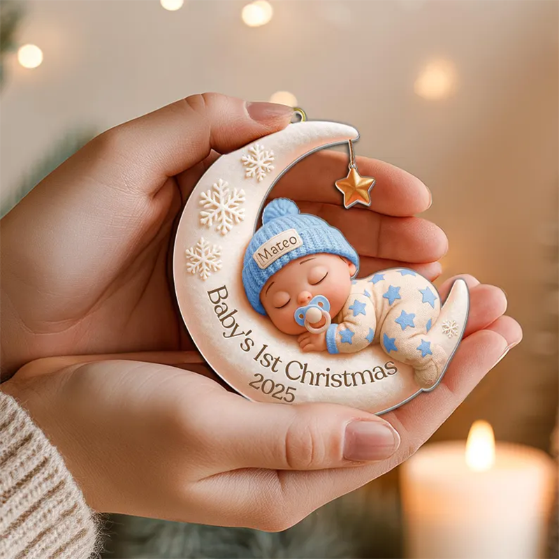 Custom Baby First Christmas Ornament, Moon Sleeping Design
