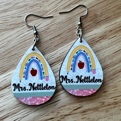 Personalized Teacher Earrings. Rainbow Pencil. Back to school