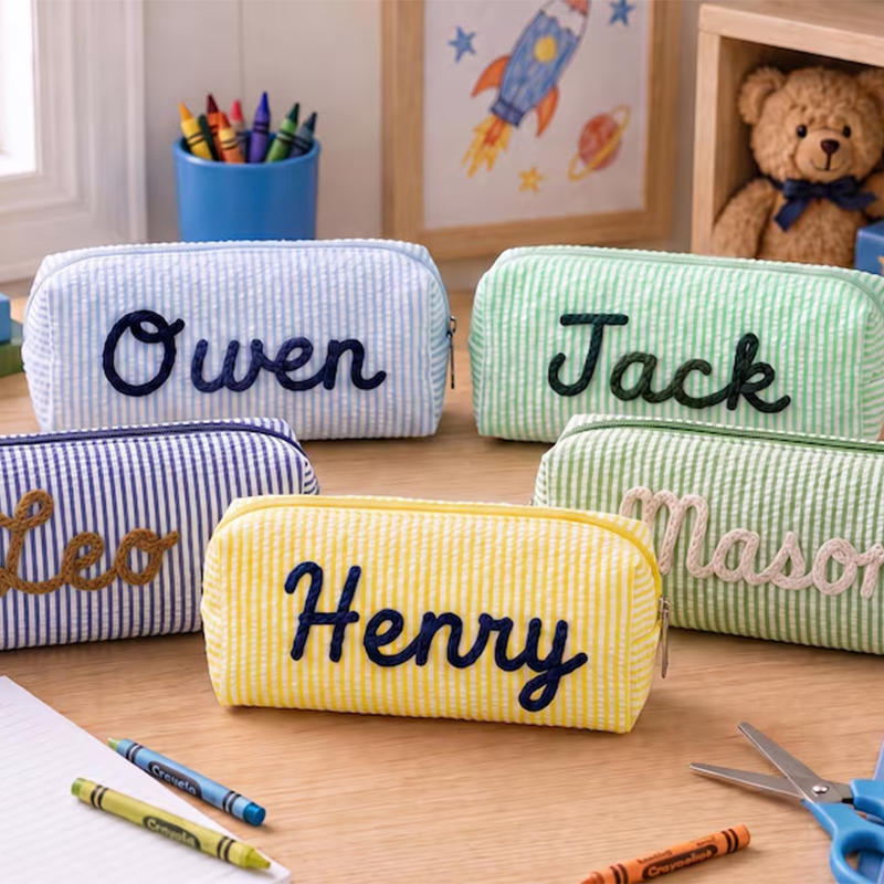 Custom Name Pencil Case for Kids, Personalized Pencil Pouch, Cute Seersucker School Supplies Bag
