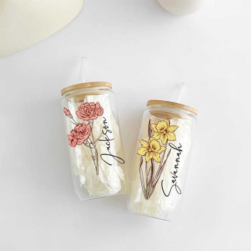 Personalized Birth Flower Tumbler With Name, Birth Flower Glass