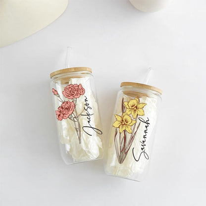 Personalized Birth Flower Tumbler With Name, Birth Flower Glass
