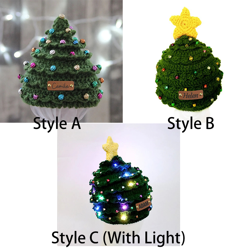 Personalized Leather Patch Christmas Tree Crochet Hat