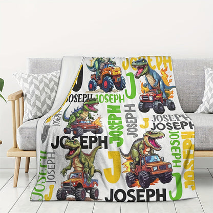 Customizable Dinosaur Truck Print Flannel Throw Blanket