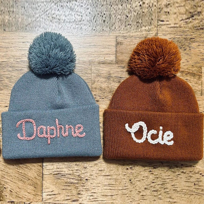 Personalized Hand Embroidered Name Winter Pom-pom Hat