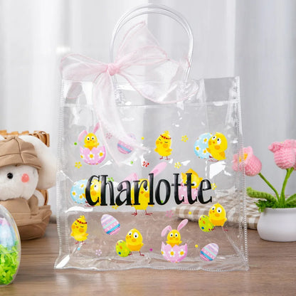 Personalized Pink Bow Ribbon Colorful Easter Eggs Chicks Clear Gift Bag