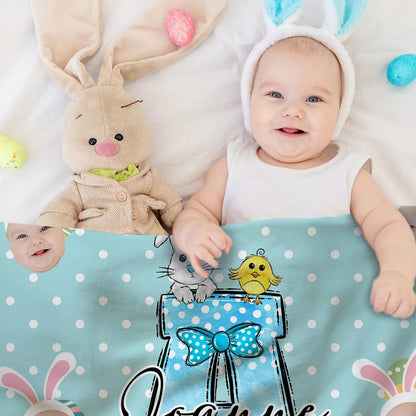 Personalized Colorful Polka Dot Bunny Chick Initial Face Photos Easter Blanket Gift for Kids