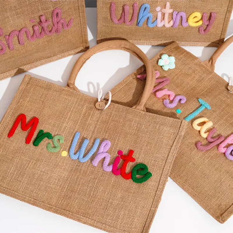 Personalized Burlap Teacher Tote Bag,Custom Crochet Name Tote Bag