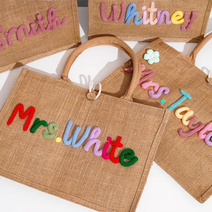 Personalized Burlap Teacher Tote Bag,Custom Crochet Name Tote Bag