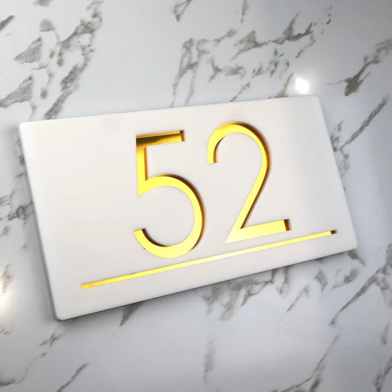 Laser Cut Matt White & Gold Mirror Personalised Door Numbers House Sign Plaques Number Laser Cut 3d Number
