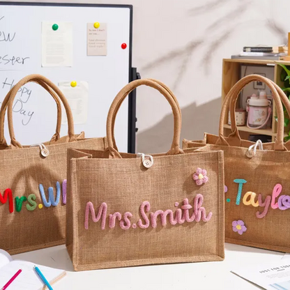 Personalized Burlap Teacher Tote Bag,Custom Crochet Name Tote Bag