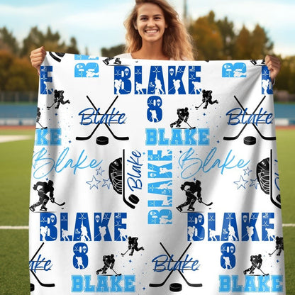 Ice Hockey Boy Personalized Blanket, Custom Name Hockey Throw