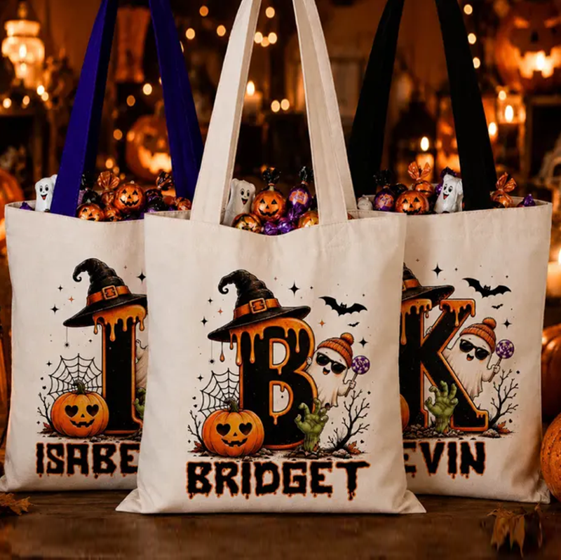 Cute Halloween Ghost bag, Spooky Goodie Bag, Custom Name Halloween Tote Bag
