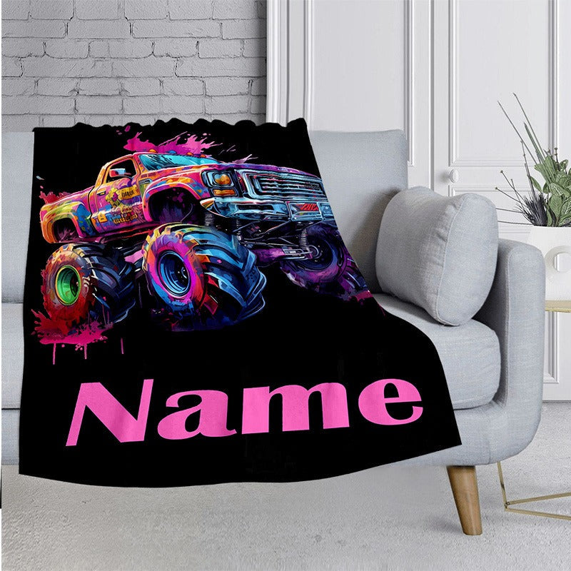 Personalized Flannel Blanket Featuring a Customized Monster Trucks