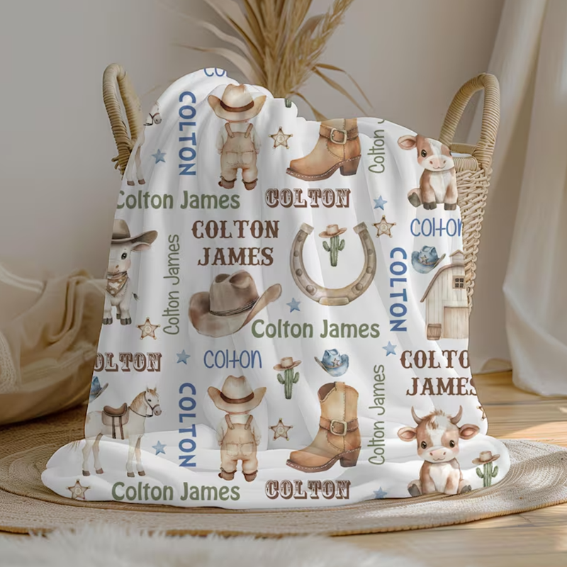 Personalized Cowboy Baby Boy Blanket, Custom Name Crib Blanket