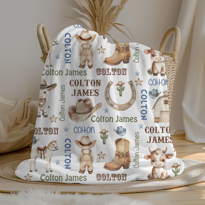Personalized Cowboy Baby Boy Blanket, Custom Name Crib Blanket