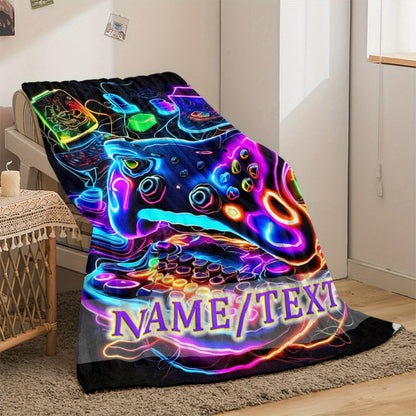 Customizable Gamer's Flannel Blanket with Vibrant Neon Gamepad Design