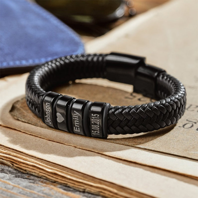 Personalized Mens Bracelet, Handmade Leather Beaded Jewelry with Kids Names