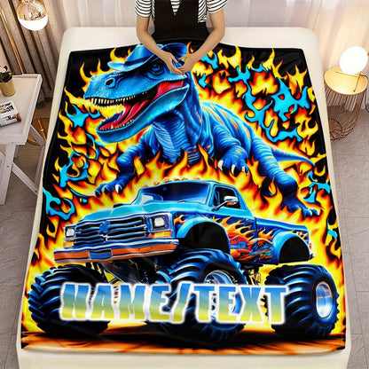 Customizable Dinosaur & Monster Truck Flannel Blanket