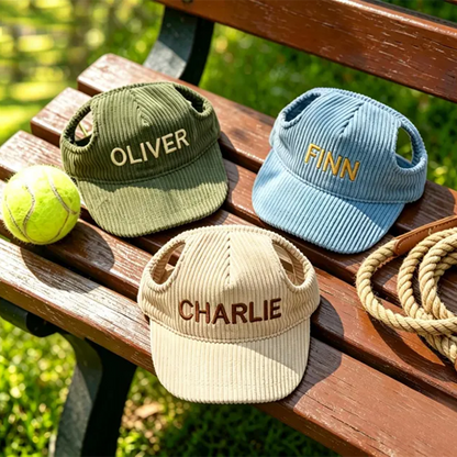 Custom Embroidered Dog Hat with Ear Holes, Personalized Corduroy Pet Baseball Cap