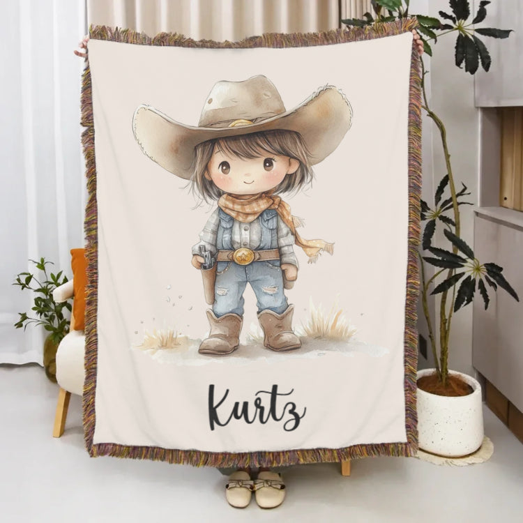 Personalized Cartoon Cowboy Tassel Blanket with Name