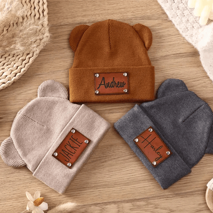 Personalized Baby Beanie with Bear Ears, Custom Beanie with Name Patch