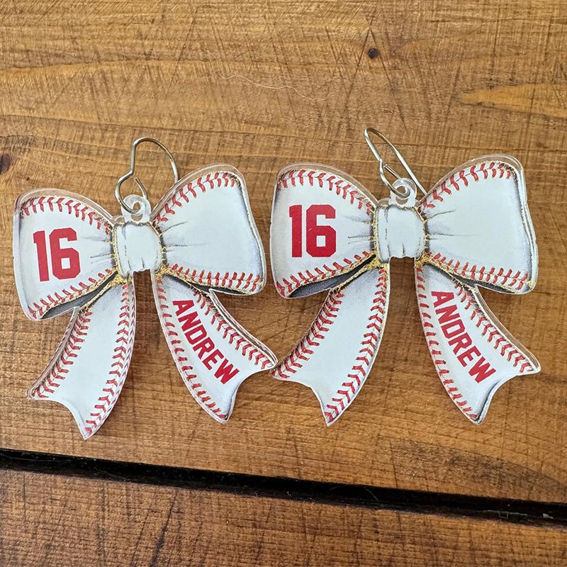 Custom Baseball Bow Earrings, Personalized Player Nam