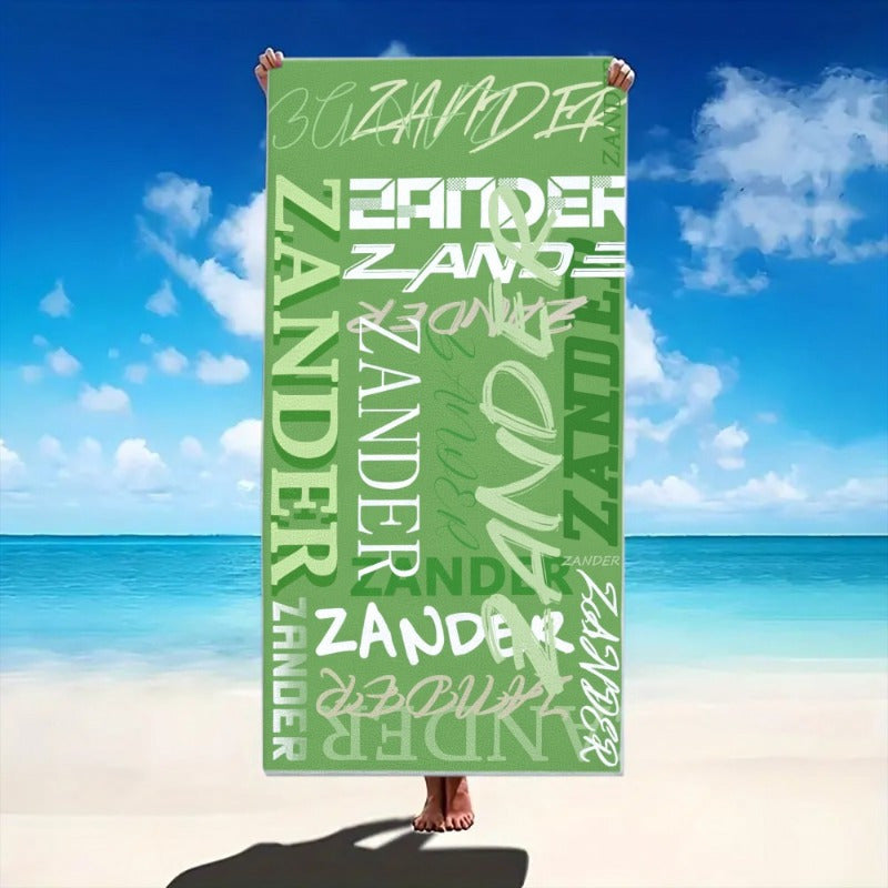 Custom Beach Towel with Vibrant Typography Design – Personalized Text & Colorful Patterns