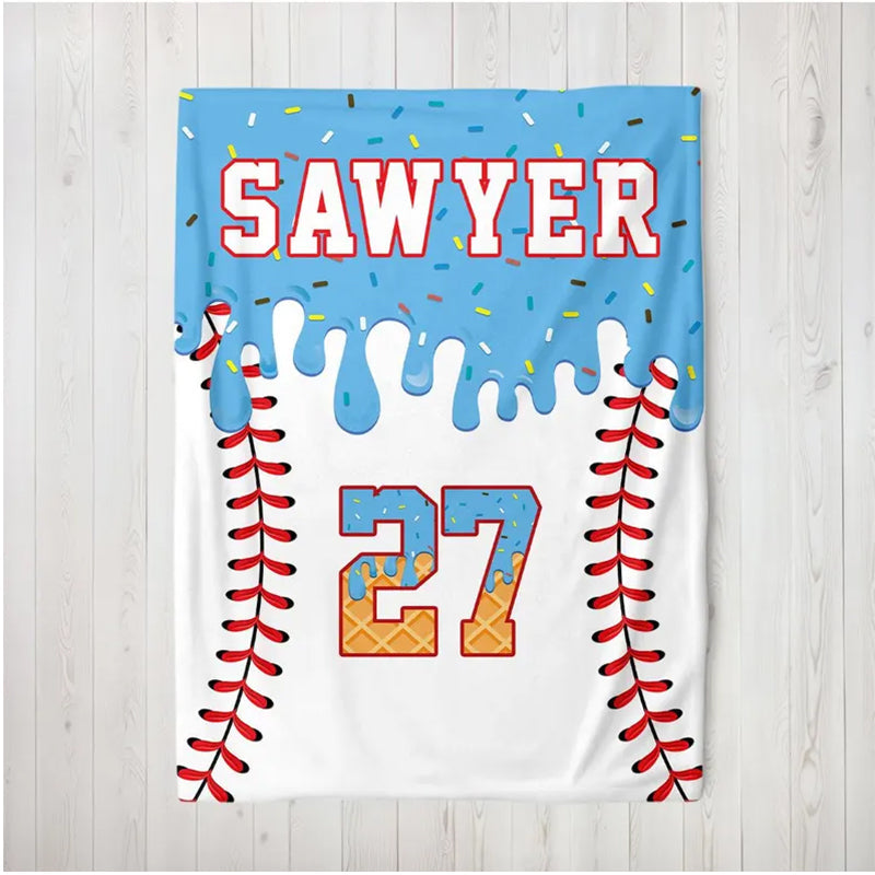 Personalized Baseball Blanket: Ice Cream Drip Design, Custom Name