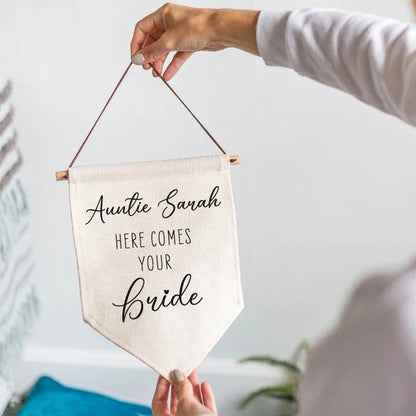 Personalised Here Comes Your Bride Wedding Linen Style Flag Banner Sign