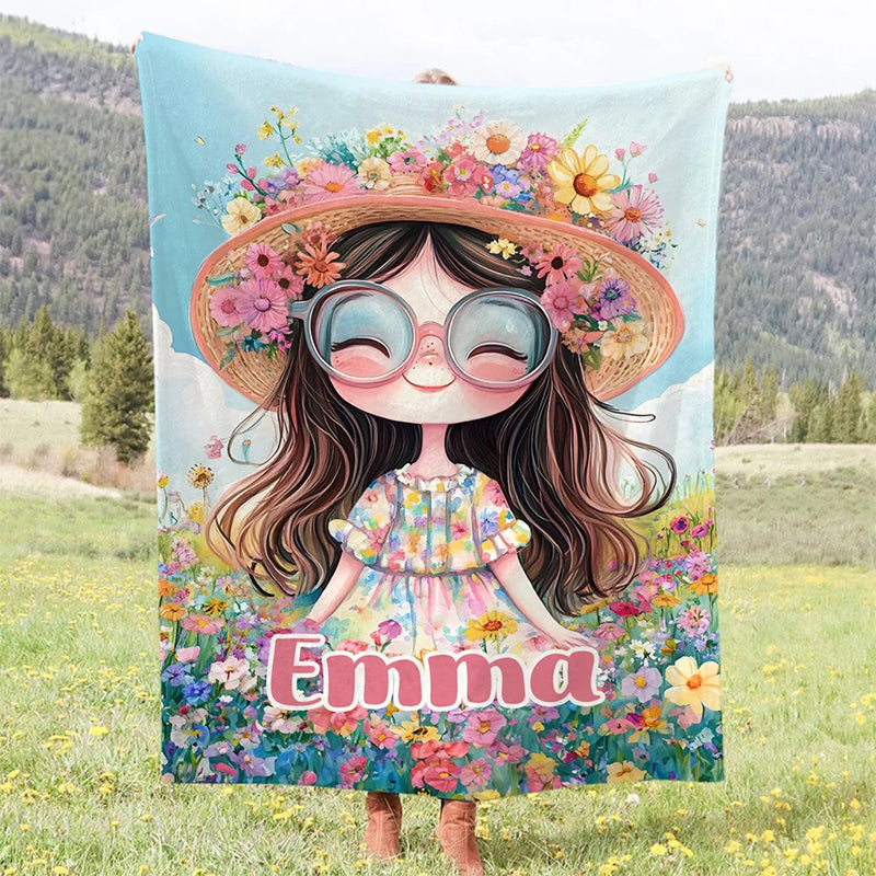 Personalized Cartoon Quirky Flower Girl Throw Blanket with Name