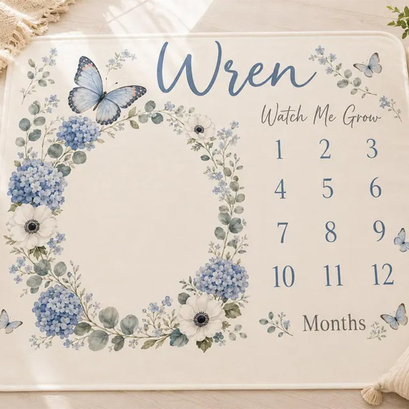 Personalized Blue Floral Milestone Blanket, Custom Baby Girl Milestone Blanket