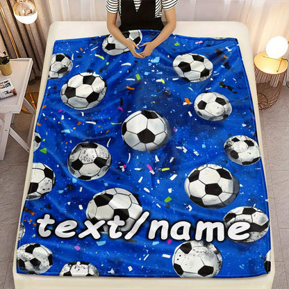 Custom Name Football Blanket - Lightweight Flannel Throw with Soccer Ball & Confetti Print