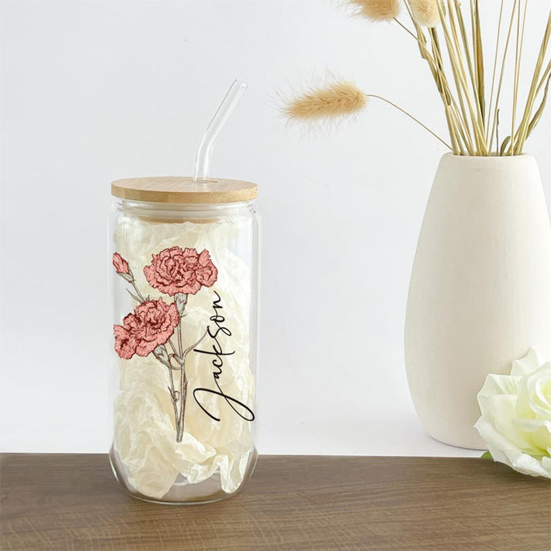 Personalized Birth Flower Tumbler With Name, Birth Flower Glass