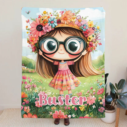 Personalized Cartoon Quirky Flower Girl Throw Blanket with Name