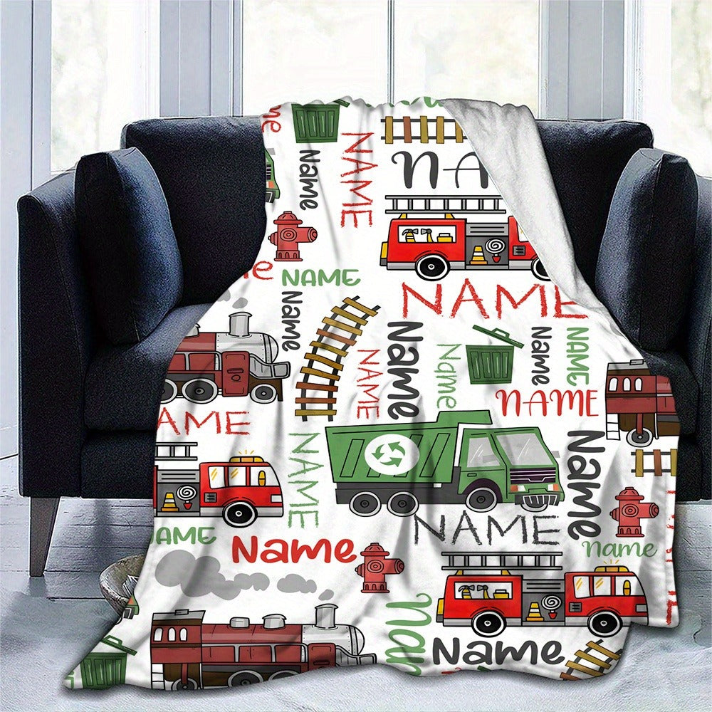 Personalized Name Vehicle Blanket: Customizable with Trains, Fire Trucks