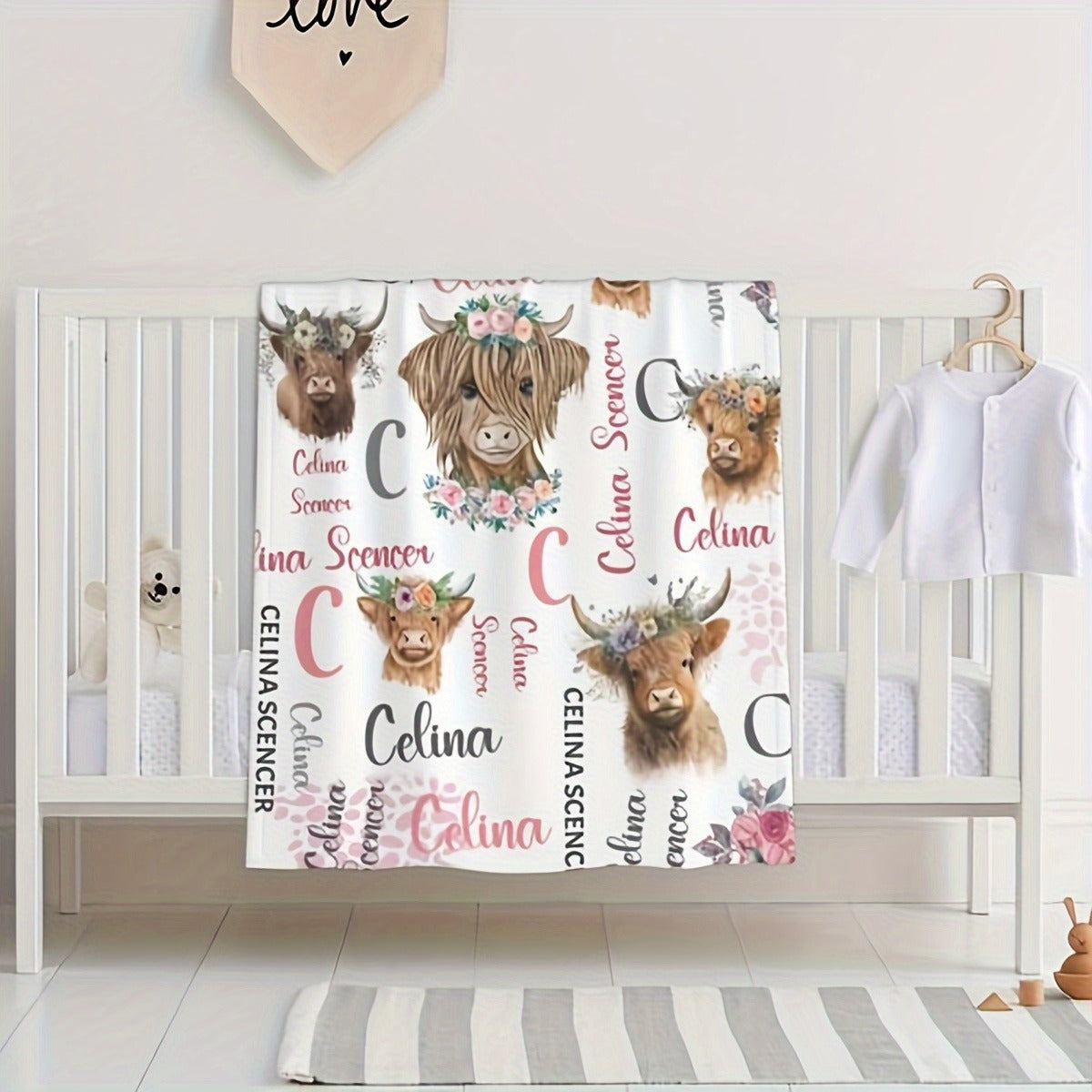 Personalized Highland Cow Print Flannel Blanket