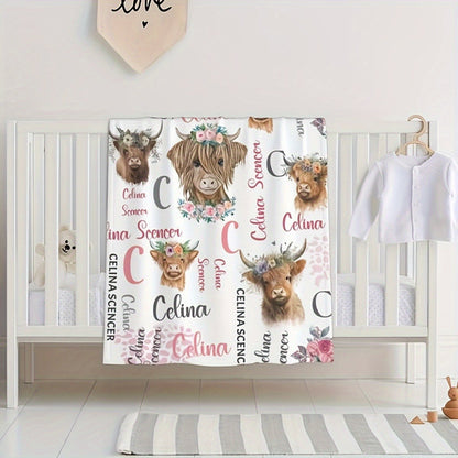 Personalized Highland Cow Print Flannel Blanket