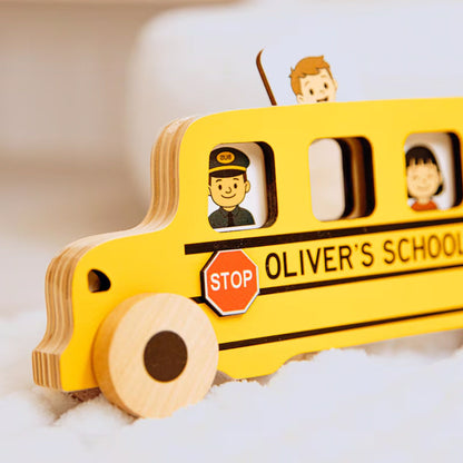 Toy Yellow School Bus with Name. Personalized Wooden Bus
