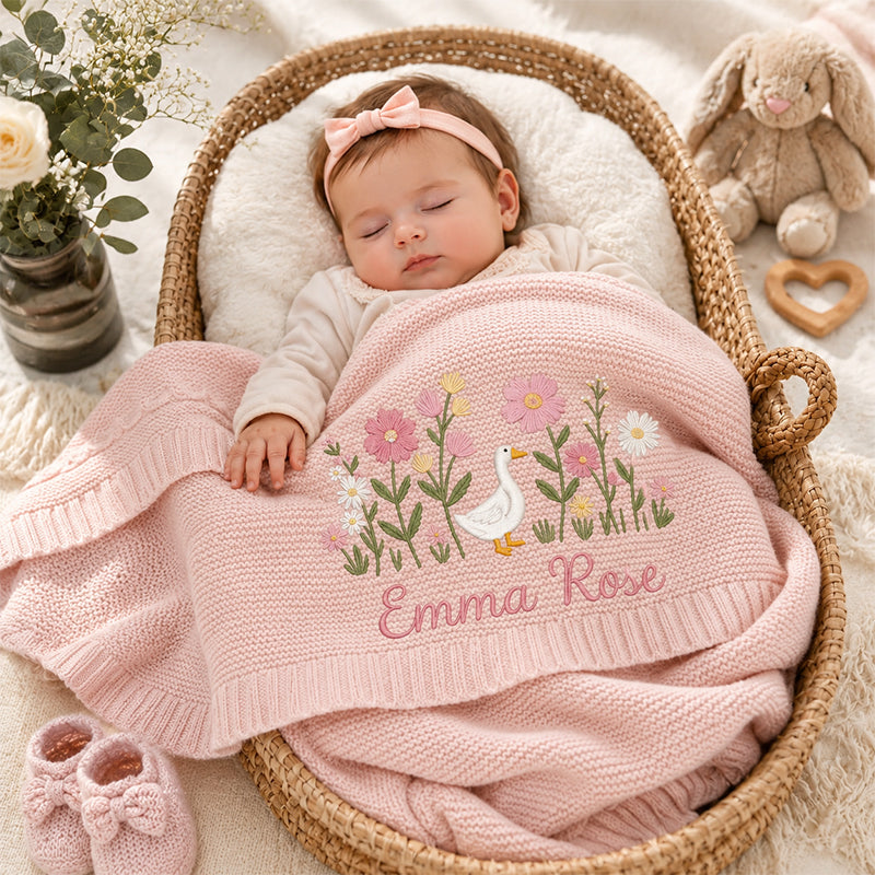 Personalized Embroidered Goose Floral Baby Blanket - Duck Wildflower Knit Throw, Newborn Blanket