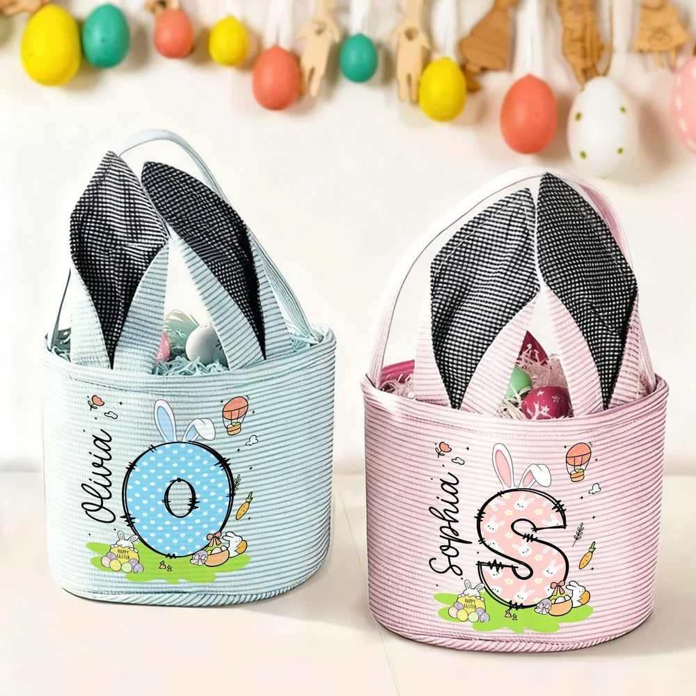 Personalized Cute Bunny Ears Polka Dot Initial Easter Basket