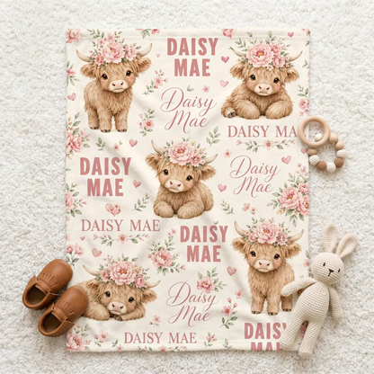 Personalized Baby Highland Cow Blanket, Custom Name Baby Blanket